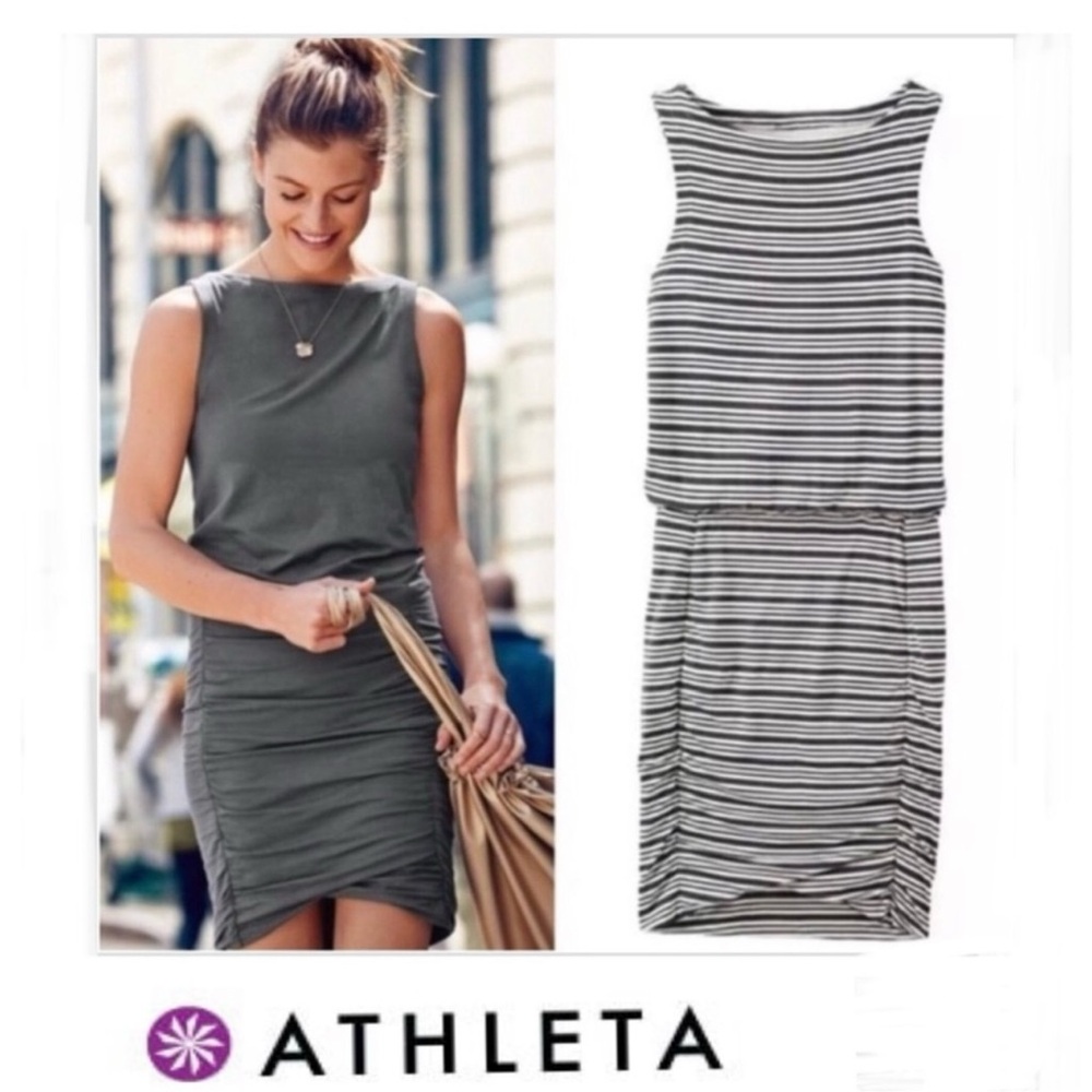 Athleta Tulip Sleeveless Black & Cream Stripe Ruched Dress Size Medium Petite MP